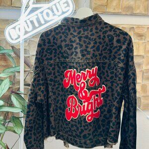 Merry & Bright Distressed Soft Denim Animal Print Jacket Christmas Glitter